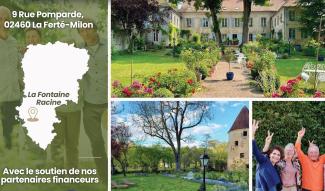 Résidence La Fontaine Racine à La Ferté-Milon avec jardin paysager, bâtiment de caractère et résidents dans un cadre verdoyant