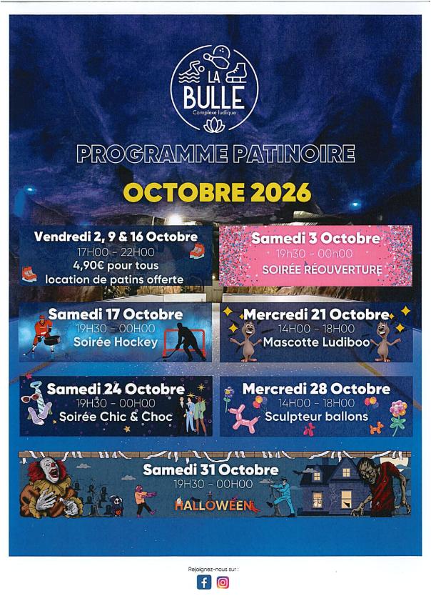 planning d'activités octobre 2026 patinoire la bulle