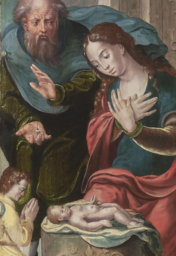 visite de noel, détail du triptyque de l'adoration des mages de Pieter Cocke